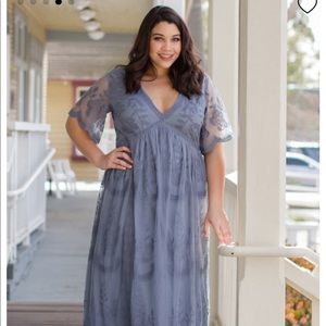 PINKBLUSH Blue Lace Mesh Overlay Plus Maxi Dress